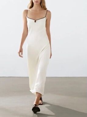 NWT Massimo Dutti Cream Satin Contrast Piping Slip Dress L